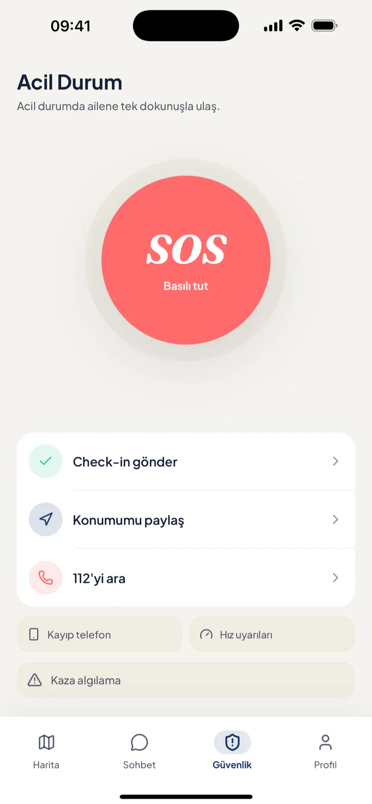 Acil durum ekranı: SOS düğmesi, check-in, konum paylaşımı ve 112
